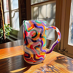 Swirl glass mug on wooden table. Squiggle blobby design, gen z trend