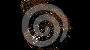 Swirl of golden liquid on a black background. Beer or whisky stream. 3d render illustration