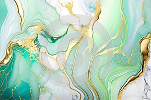 Swirl of green gold marble abstract background, Liquid marble design abstract, light green azure tones with golden, Paint marble