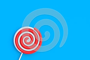 Swirl lollipop on stick in corner. Striped twisted candy. Sweet snack