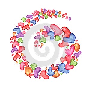 Swirl of multicolored hearts in circular spiral. Pink, yellow, blue, green hearts. Watercolor illustration isolated on