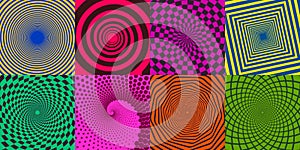 Swirl spirals. Twisted delusion spiral elements, spin radial rays sunburst spirals vector illustration element set