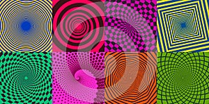 Swirl spirals. Twisted delusion spiral elements, spin radial rays sunburst spirals vector illustration element set photo