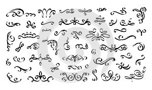 Swirl wedding ornament. Calligraphy flourish vintage outline elements. Typography border line. Black ink spiral and scroll drawing