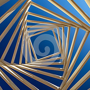 Swirled ceiling of a wooden gazebo on the background of blue and sky