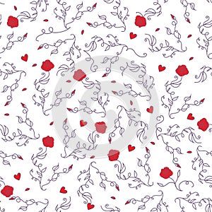 Swirling branches with roses and hearts seamless vector pattern