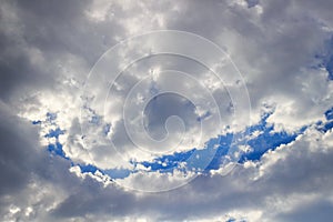 Swirling clouds with a river of blue sky