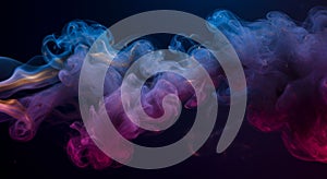 Swirling clouds of smoke in shades of blue, purple, and pink create an abstract,