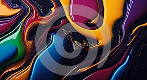 Swirling colorful liquid paints on dark background