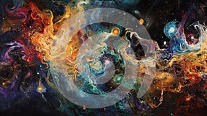Swirling cosmic clouds of iridescent colors converging to form an abstract celestial tapestry