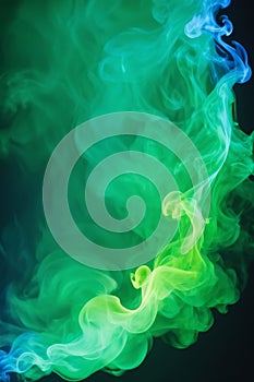 Swirling of dense smoke with green and blue lighting on dark background abstract art