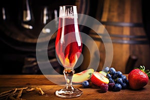 swirling fruit lambic beer in a flute glass photo