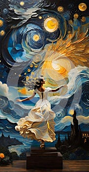 swirling impressionist sky, european village, a carved fantastical woman dance, gold blue palette