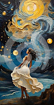swirling impressionist sky, european village, a carved fantastical woman dance, gold blue palette