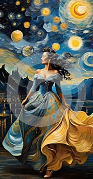 swirling impressionist sky, european village, a carved fantastical woman dance, gold blue palette