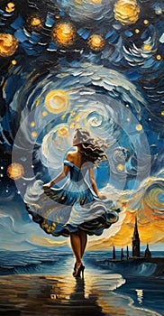 swirling impressionist sky, european village, a carved fantastical woman dance, gold blue palette