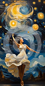 swirling impressionist sky, european village, a carved fantastical woman dance, gold blue palette