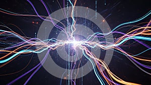 Abstract glowing light trails and binary code in dark digital space energy