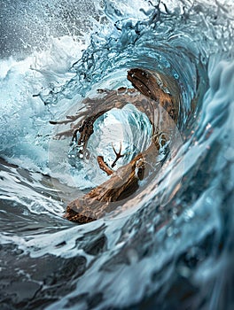 A swirling ocean vortex clutches driftwood and a trident in its watery grasp