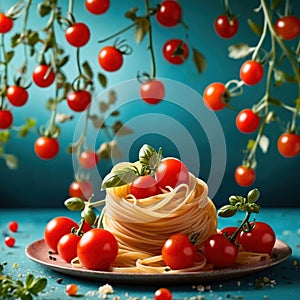 Swirling pasta twists with cherry tomatoes, dynamic food photography