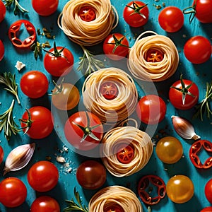 Swirling pasta twists with cherry tomatoes, dynamic food photography