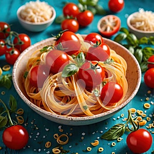 Swirling pasta twists with cherry tomatoes, dynamic food photography