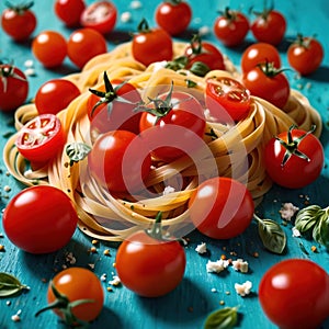 Swirling pasta twists with cherry tomatoes, dynamic food photography