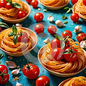 Swirling pasta twists with cherry tomatoes, dynamic food photography