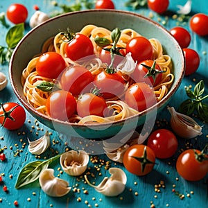 Swirling pasta twists with cherry tomatoes, dynamic food photography