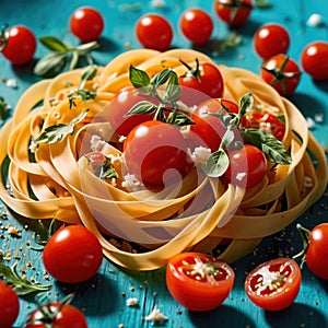 Swirling pasta twists with cherry tomatoes, dynamic food photography