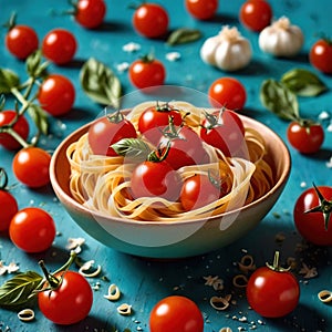 Swirling pasta twists with cherry tomatoes, dynamic food photography