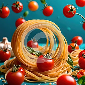 Swirling pasta twists with cherry tomatoes, dynamic food photography