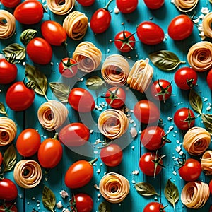 Swirling pasta twists with cherry tomatoes, dynamic food photography