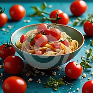 Swirling pasta twists with cherry tomatoes, dynamic food photography