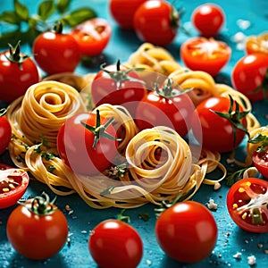 Swirling pasta twists with cherry tomatoes, dynamic food photography