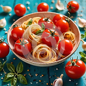 Swirling pasta twists with cherry tomatoes, dynamic food photography