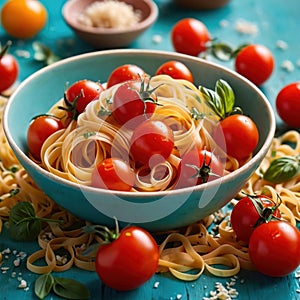 Swirling pasta twists with cherry tomatoes, dynamic food photography