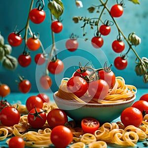 Swirling pasta twists with cherry tomatoes, dynamic food photography