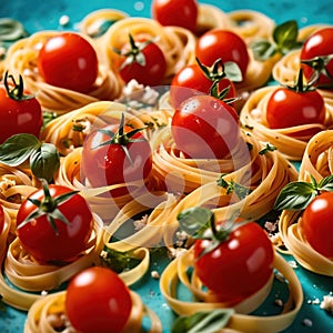 Swirling pasta twists with cherry tomatoes, dynamic food photography