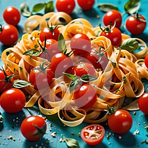 Swirling pasta twists with cherry tomatoes, dynamic food photography