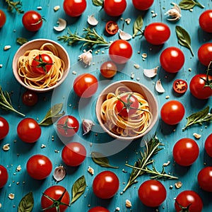 Swirling pasta twists with cherry tomatoes, dynamic food photography