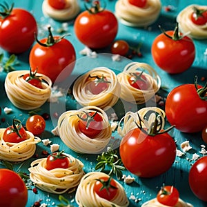 Swirling pasta twists with cherry tomatoes, dynamic food photography