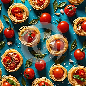 Swirling pasta twists with cherry tomatoes, dynamic food photography