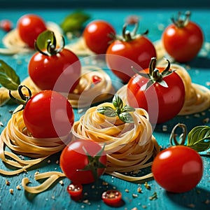 Swirling pasta twists with cherry tomatoes, dynamic food photography