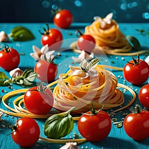 Swirling pasta twists with cherry tomatoes, dynamic food photography