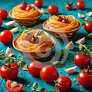 Swirling pasta twists with cherry tomatoes, dynamic food photography