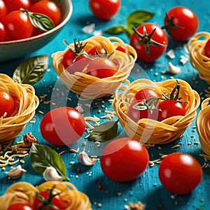 Swirling pasta twists with cherry tomatoes, dynamic food photography