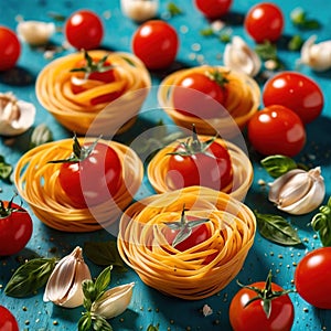 Swirling pasta twists with cherry tomatoes, dynamic food photography