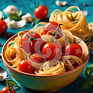 Swirling pasta twists with cherry tomatoes, dynamic food photography