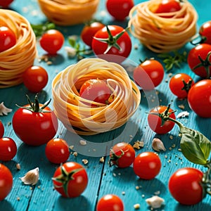 Swirling pasta twists with cherry tomatoes, dynamic food photography